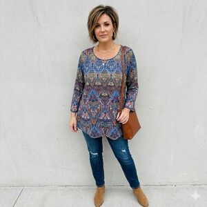 Ruby Rd Paisley Blouse Women 2X Blue 3/4 Sleeve Rhinestone Embellished Top